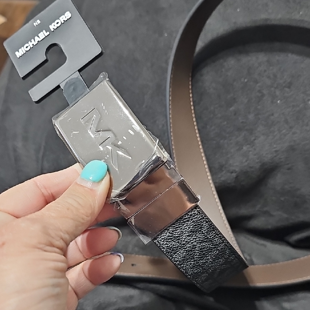 Michael Kors Men’s Black and Brown Reversible Leather Belt with Silver Buckle